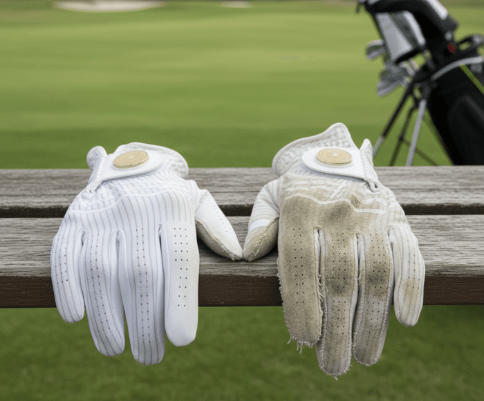 Side-by-side comparison of a new golf glove and a worn-out glove, showing how long golf gloves last with use.