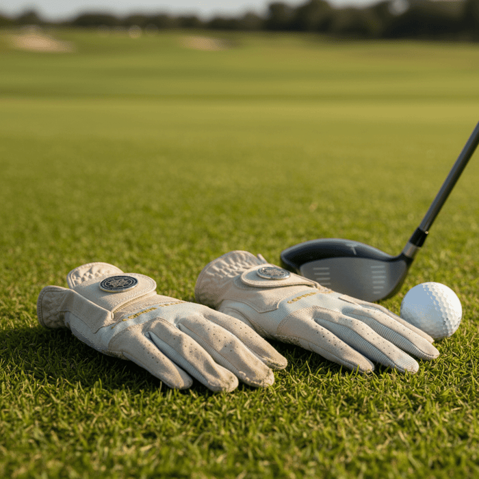 Old, worn-out golf glove next to a new one on the grass — illustrating when to replace your golf glove.