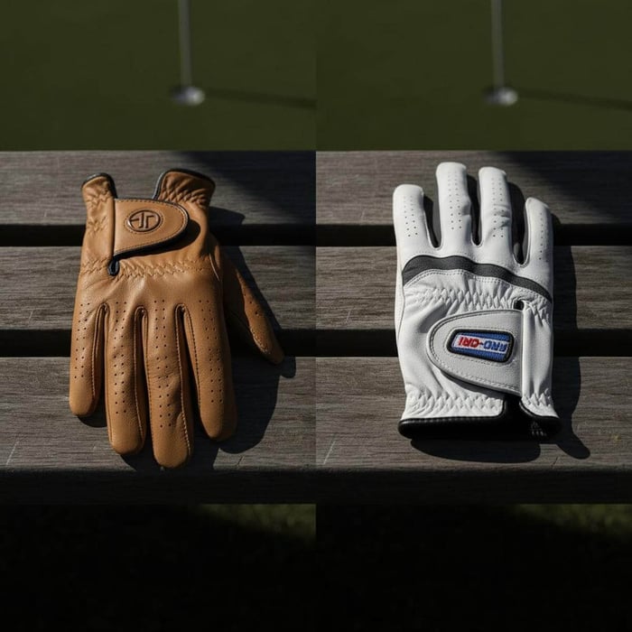 Split-screen image showing a premium leather golf glove on one side and a synthetic golf glove on the other, placed on a wooden golf bench with dramatic lighting highlighting the difference in texture and material