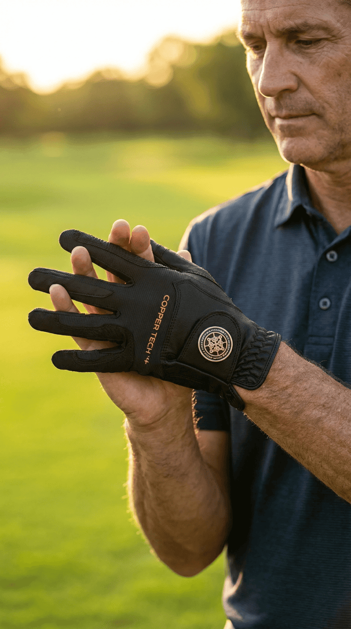 Middle-aged golfer wearing a copper compression glove to reduce arthritis pain while playing golf on a sunny course.