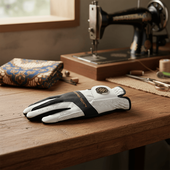 Copper Tech golf glove on a workbench showcasing Indonesian craftsmanship and stitching detail.