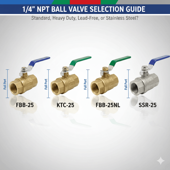 Comparison of industrial 1/4 inch NPT ball valves: FBB-25 standard brass, KTC-25 heavy duty gas certified, FBB-25NL lead-free, and SSR-25 316 stainless steel.