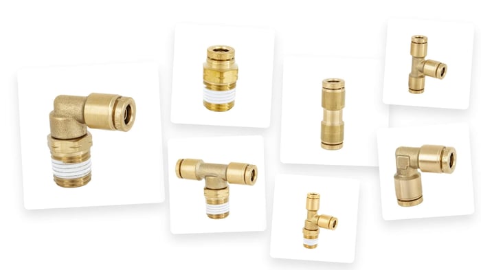 Collage of DOT push-to-connect PT-series fittings — straight connectors, elbows, tees, unions, bulkhead unions, and press-in cartridge