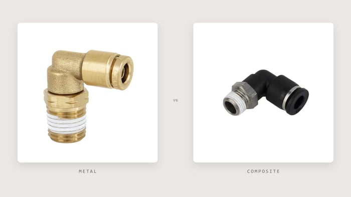 Brass metal DOT push-to-connect fitting shown side by side with a composite push-to-connect fitting