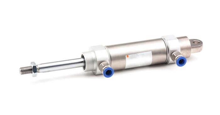 A silver pneumatic air cylinder with blue end caps and visible ports and tubing on a white background.
