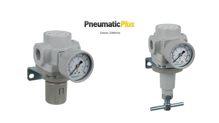 Standard knob vs. T-handle air pressure regulators side-by-side comparison showing different adjustment styles for compressed air systems.