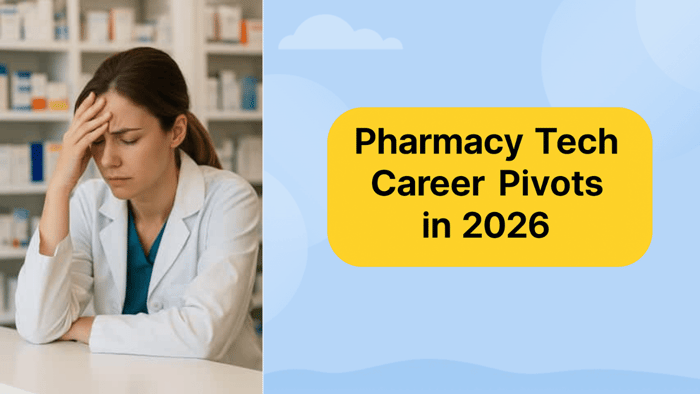 Minimal graphic with a yellow rounded rectangle on a white background displaying the text “Top 10 Pharmacy Tech Career Pivots