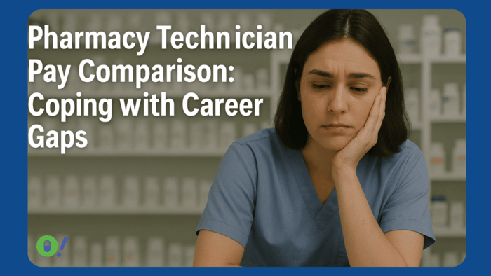 A thoughtful female pharmacy technician in blue scrubs sits in a pharmacy, looking reflective with text that reads “Pharmacy Technician Pay Comparison: Coping with Career Gaps.