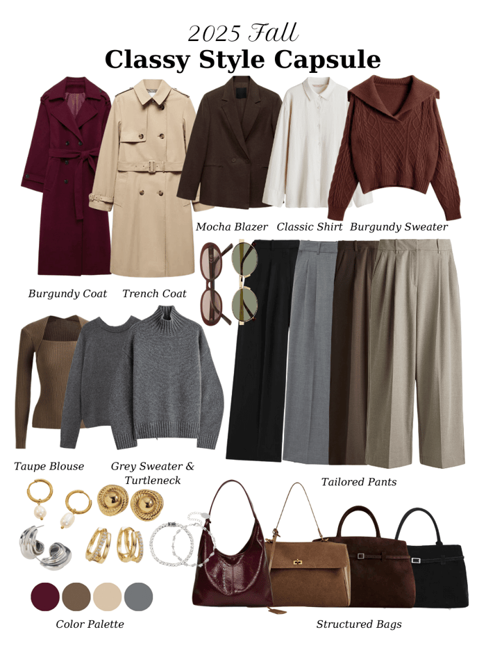 2025 fall classy style capsule wardrobe including trench coats, blazers, sweaters, tailored trousers, and structured bags in neutral and burgundy tones