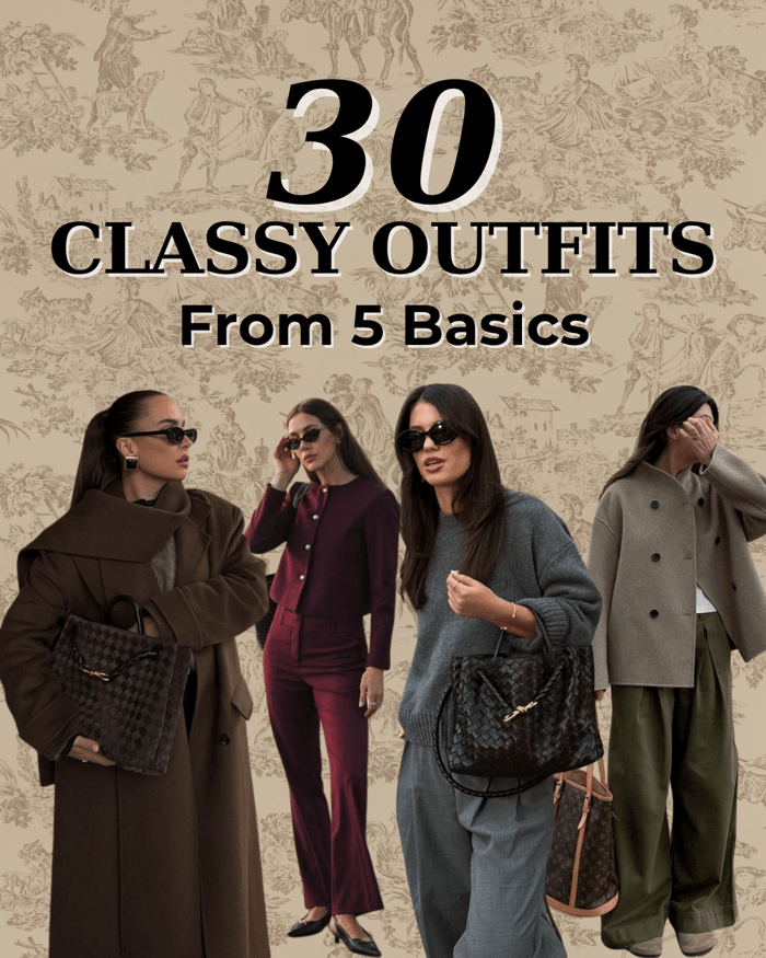 Four classy outfits created from five wardrobe basics including a mocha coat, burgundy cardigan, and charcoal sweater, styled in elegant streetwear