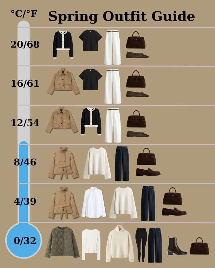 Spring outfit guide visual showing temperature-based outfit formulas from 0°C to 20°C with layered spring styling ideas.