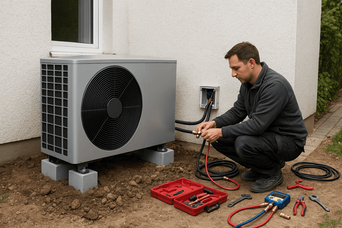 Viathermo Techniker installiert Wärmepumpe