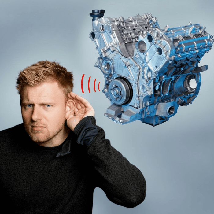 Der Motor Mercedes OM642 rechts, ein hörenden Mensch links, dazwischen das Symbol für ein Geräusch