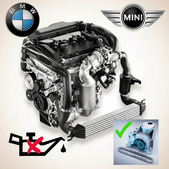 Mini N14 Motor mit Logo von BMW und Mini sowohl einer Upgrade-Ölpumpe und einem Ölwarnsymbol