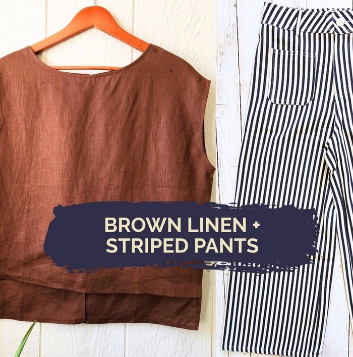 Brown linen sleeveless top and striped pants