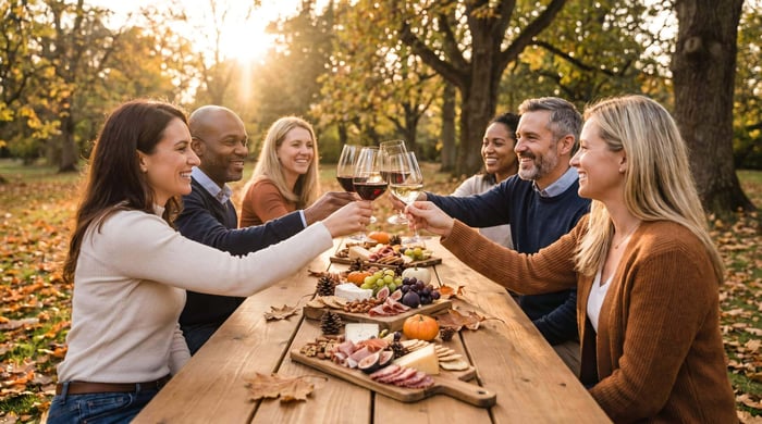 Corporate Event Gift Ideas for Fall Events - group of people cheering with wine glasses in a fall outdoor setting