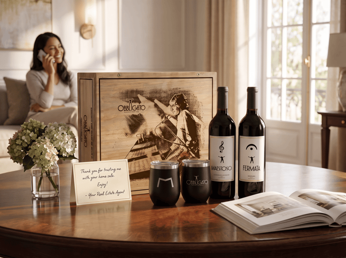 Client received Out-of-State Closing Gifts from real state agent smiling at her home
