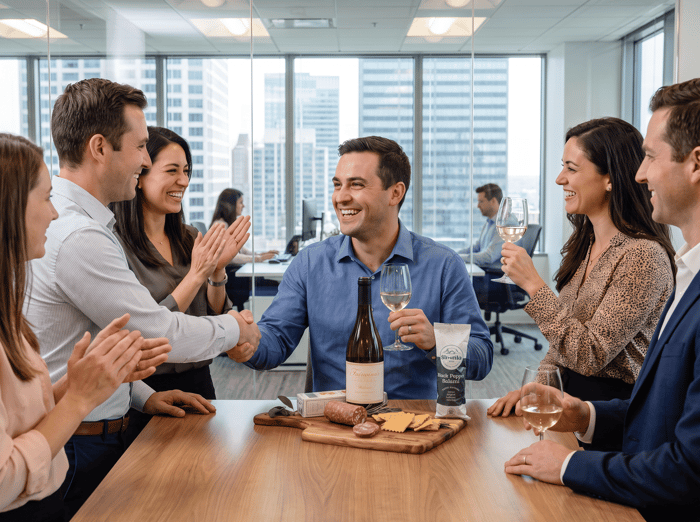 Employee Recognition receiving a charcuterie and wine bottle