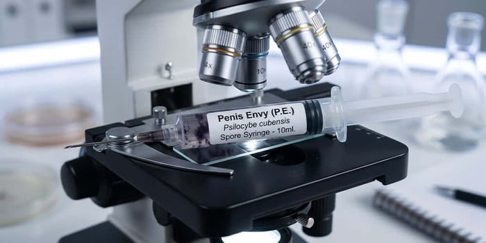 Penis Envy Psilocybe cubensis spore syringe on microscope stage