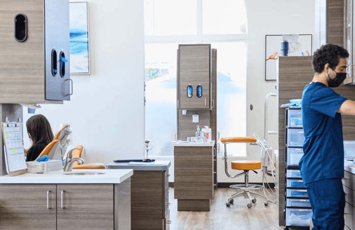 A patient sitting on a room