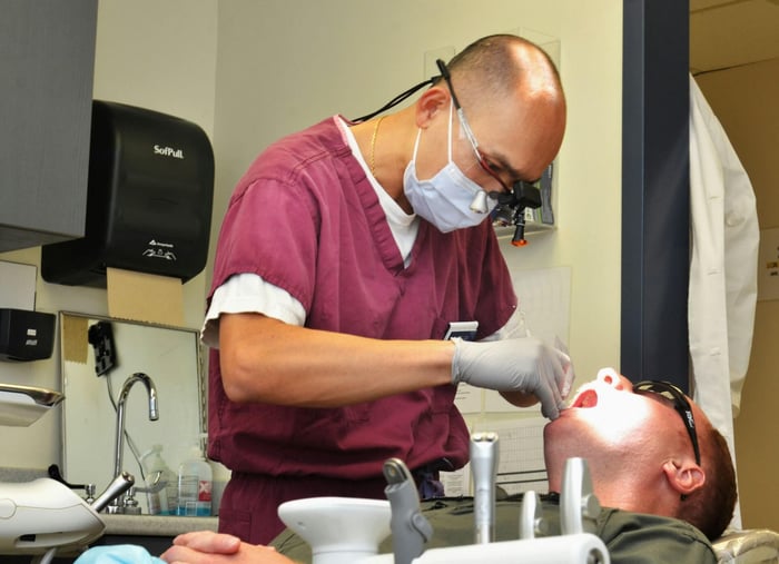 A dentist working on a patient
