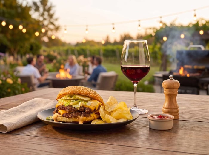 Summer food & wine pairing Smash Burger in a table in a backyard setting