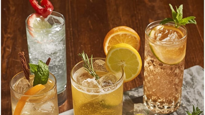 Refreshing cocktails with soda water in highball glasses with citrus garnishes made with Drizz drops
