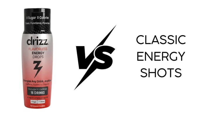 Drizz vs 5-Hour Energy comparison — Drizz energy drops bottle surrounded by glasses of OJ, sparkling water, smoothie, and iced tea
