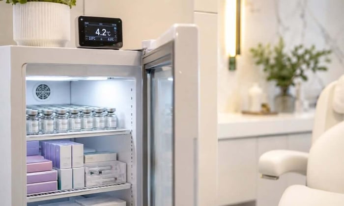 Med spa refrigerator storing Botox and fillers at correct temperature with a cellular monitor displaying an alert on a nearby smartphone.