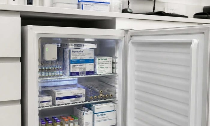 Dental office refrigerator with a cellular temperature monitor mounted inside, tracking anesthetic cartridges and vaccines during off-hours.