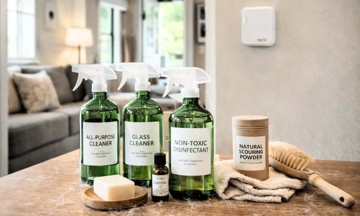 Eco-friendly cleaning products on a table inside a vacation rental property with a Necto monitor on the wall, supporting a cleaner and healthier space using eco-friendly cleaning products