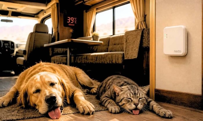 A golden retriever and tabby cat panting on the floor of a hot RV showing 39°C inside, with a Necto temperature monitor mounted on the wall, illustrating how fast does an RV can heat up and why pet owners need real-time alerts.