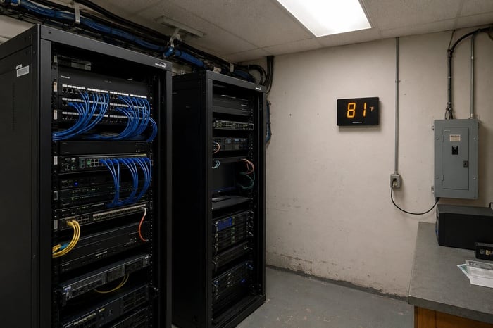 Server room temperature display showing an amber warning as conditions approach the upper limit of the ideal server room temperature range.