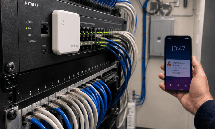 Cellular IDF and MDF closet temperature monitoring sensor mounted at mid-rack height on a managed switch inside a wiring closet.