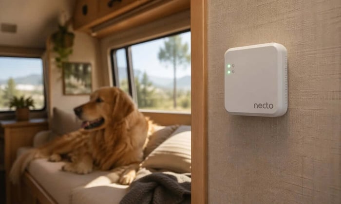 Necto cellular temperature monitor mounted on RV wall for leaving a pet in RV safely