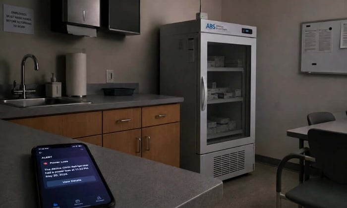 Healthcare worker in gloves accessing medication and supply storage drawer in a small clinic, where temperature monitoring in healthcare facilities protects inventory from power outages.
