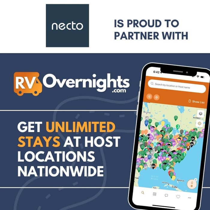 Necto and RV Overnights partnership announcement graphic promoting unlimited stays at host locations nationwide, supporting RV pet monitoring with the RVOvernights.com app displayed on a smartphone showing campsite locations across the US.