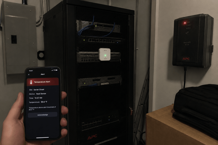 Out-of-band server room monitoring sensor mounted at rack level, alerting over 4G cellular during a network and power outage.