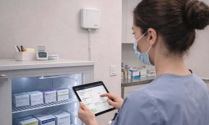 A masked clinic nurse in scrubs checks real-time vaccine monitoring data on a tablet while inspecting a stocked vaccine refrigerator, with a Necto IoT temperature sensor mounted on the wall above.