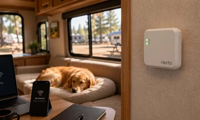RV pet monitor with Necto device on RV wall showing unreliable campground WiFi and pet safety monitoring inside a camper