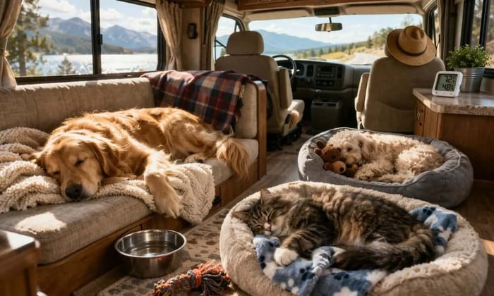 Golden retriever and cat sleeping comfortably inside an RV with a temperature monitor visible on the dashboard - RV pet monitoring in action