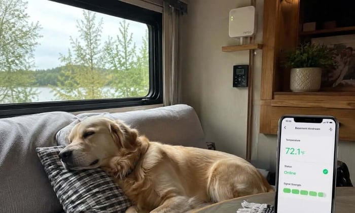 RV pet safety setup using a cellular temperature monitor to track cabin heat and power status over 4G while a dog rests inside a parked rig.