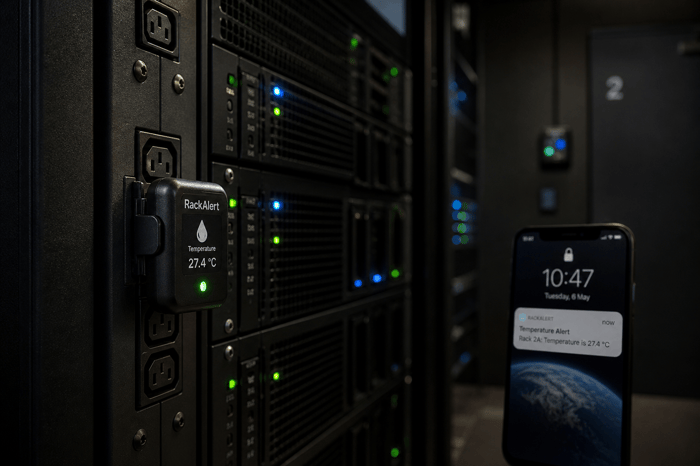 Server room HVAC sensors mounted at rack inlet level, monitoring temperature and power status over 4G cellular independent of the building network.