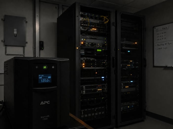 Server room power outage alert from a cellular temperature monitor, with rack equipment and warning LEDs visible in the background.