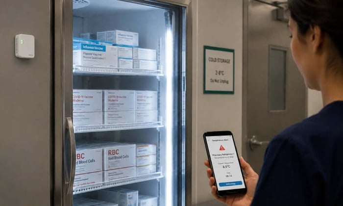 Temperature monitoring for hospitals shown on a medical refrigerator with a cellular sensor and a phone alert, tracking cold storage independent of facility Wi-Fi.