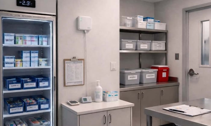 A clinic vaccine storage area showing a medical refrigerator at 2.9°C stocked with COVID-19, influenza, hepatitis, and varicella vaccines, alongside a wall-mounted temperature monitoring device, illustrating proper vaccine storage temperature