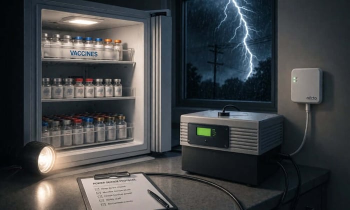 A vaccine temperature monitoring system mounted on a wall next to a backup power unit and an open refrigerator stocked with vaccine vials during a lightning storm, with a power outage protocol checklist on the counter.