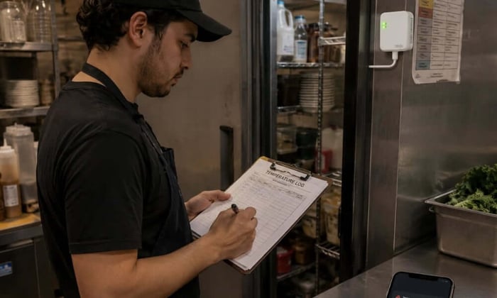 Cellular sensor supporting food safety temperature monitoring next to a manual kitchen temperature log.