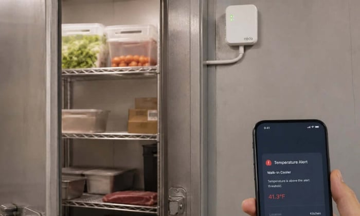 Cellular sensor monitoring a walk-in cooler to catch a food temperature danger zone breach before spoilage occurs.