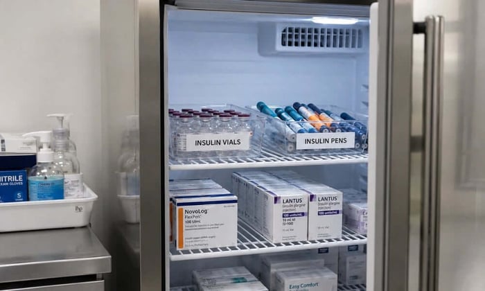 Medical refrigerator storing insulin at the correct temperature range with a cellular temperature monitor mounted nearby for continuous power-loss alert coverage.